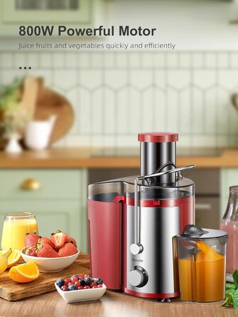 Reemix Соковитискач для овочів та фруктів, професійний Max Juicer з нержавіючої сталі, 800W, 3 швидкості, червоний