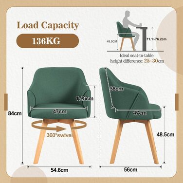 Обідні стільці Bekrvio набір 2 шт. з поворотним механізмом та підлокітниками – 360° поворотний стілець для обідньої кімнати, стілець до обіднього столу, поворотний стілець з тканини льон, стілець для обідньої кімнати з масивними ніжками з бука, м'які обідні стільці, жовтий (6 шт., льон зелений)