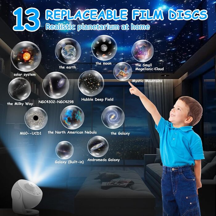 Планетарій - зоряний проєктор 13 в 1: LED проєктор галактики, 12 слайдів, нічник для дітей, для спальні, вітальні, вечірки