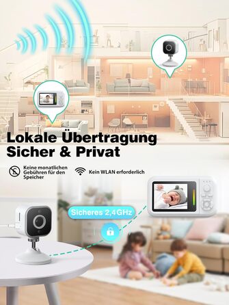 Відеоняня з камерою 1080P без Wi-Fi: монітор, тримач, кліпса для ліжечка, двосторонній звук, датчик температури, виявлення плачу, нічне бачення, 8 колискових, запис фото/відео, SD-карта в комплекті (біла)