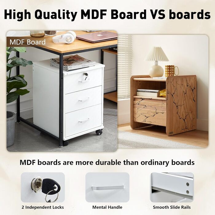 Тролейний контейнер TUKAILAI з 3 висувними ящиками, замок, для офісу, білий