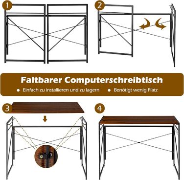 Складаний стіл COSTWAY, розкладний стіл 100 x 50 см з 6 гачками та металевим каркасом, компактний комп'ютерний стіл Промисловий робочий стіл для домашнього офісу, вантажопідйомність 115 кг (коричневий)
