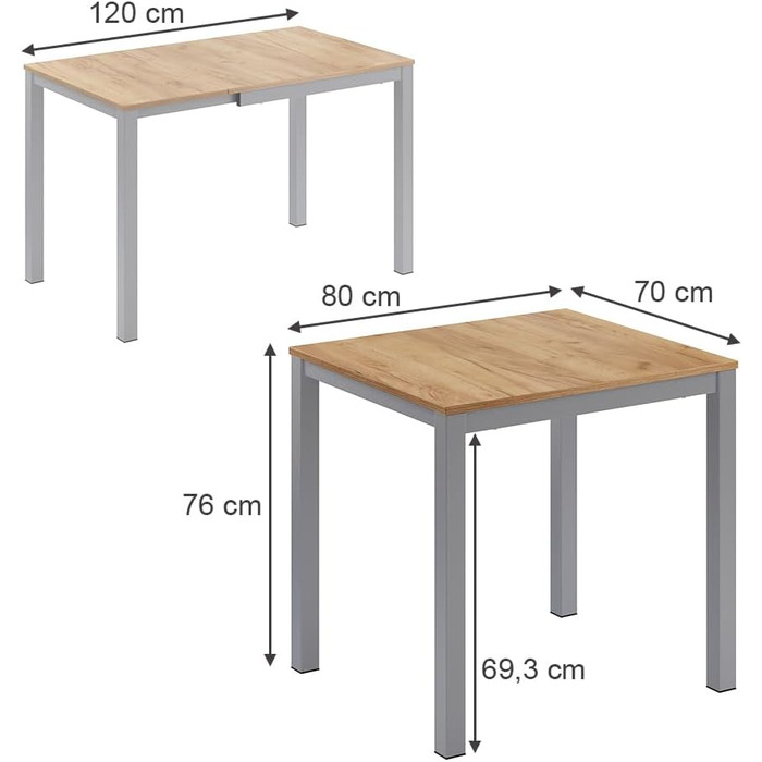 Розсувний стіл Vicco Esstisch Granny, дуб/сірий, 120 x 70 см, розтягується до 80-120 x 76 x 70 см