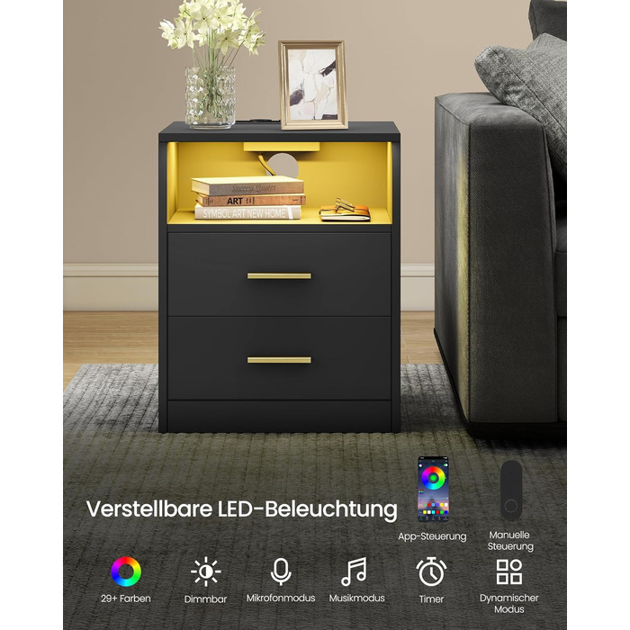 VASAGLE Custos: Набір з 2 тумбочок з LED-підсвічуванням та зарядкою, чорний, з шухлядами, 2 розетки AC та USB