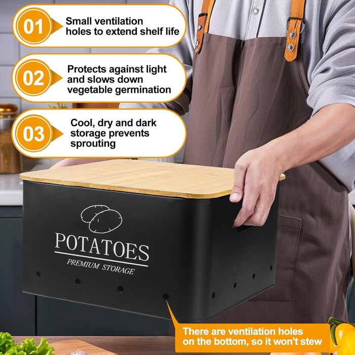 Набір контейнерів для зберігання картоплі, цибулі та часнику (3 шт.) з бамбуковим кришками - зберігає овочі свіжими. Чорний колір