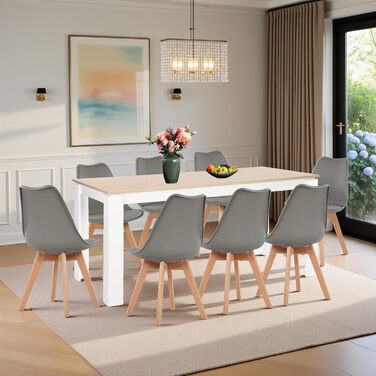 Обідній стіл з 6 стільцями, комплект для їдальні. Дерев'яний стіл 160 см з ніжками дуб/білий та 6 білих стільців. Підходить для вітальні, кухні, офісу.