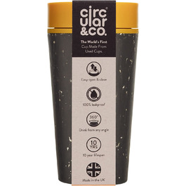 Кружка для кави Circular and Co об'ємом 340 мл - перша в світі Термальна чашка, перероблена з одноразових паперових стаканчиків, кружка Coffee to go, герметична чашка для пиття з 360 краєм для пиття в біло-чорному (жовто-чорному) кольорі.