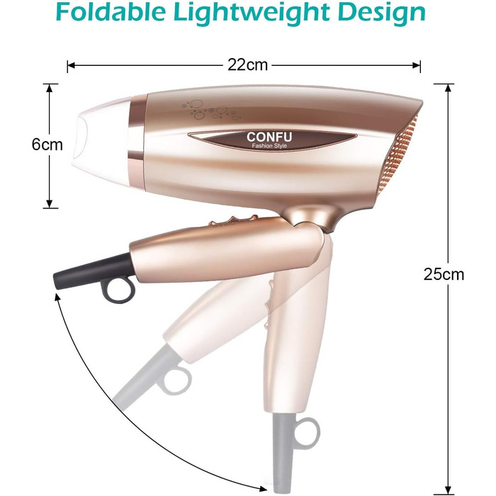 Фен CONFU Ion 1600 Вт, складний, 3 температури, 3 швидкості, насадка для укладання, фен (рожеве золото)