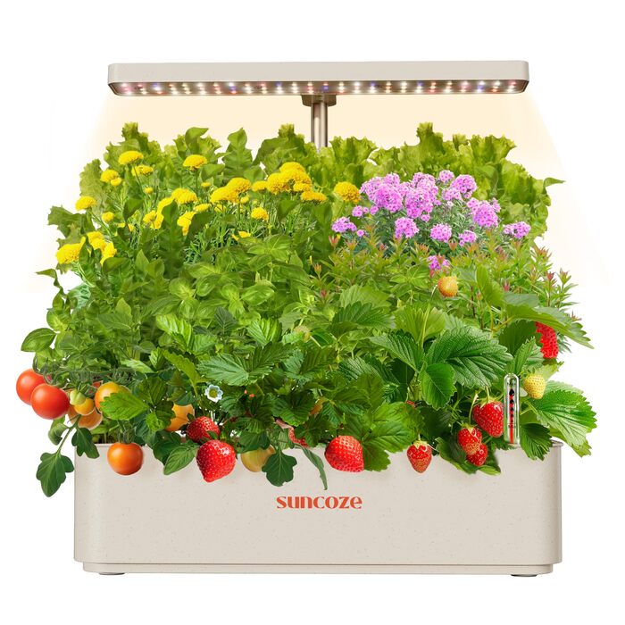 SUNCOZE Гідропонна система вирощування, набір для вирощування трав в приміщенні з LED-освітленням, розумний сад 12 касет, 4л резервуар для води, регульована висота, тиха інтелектуальна помпа, для дому, кухні (Бежевий)