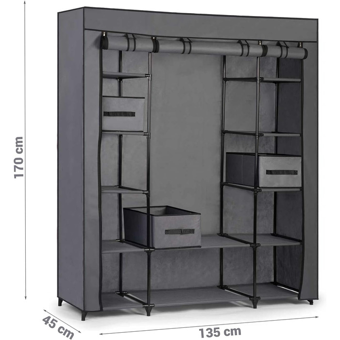 Мобільний текстильний гардероб Massido Тканинна шафа Розкладна шафа Текстильна шафа Висувні ящики Gaderobe XXL (графіт)