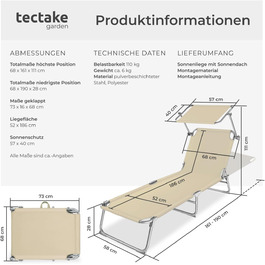 Лежак для саду Tectake з сонцезахистом, розкладний, для балкону/тераси, з регульованою спинкою, пляжний, до 110 кг, сірий (Бежевий | № 400656)