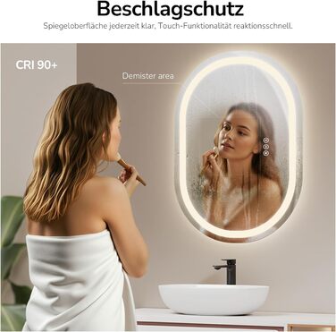 EMKE Дзеркало для ванної кімнати з підсвічуванням 50x90 см овальне з сенсорним вимикачем, 3 кольори світла, регулювання яскравості, антизапарник, функція пам'яті, автоматичне вимкнення через 3 години