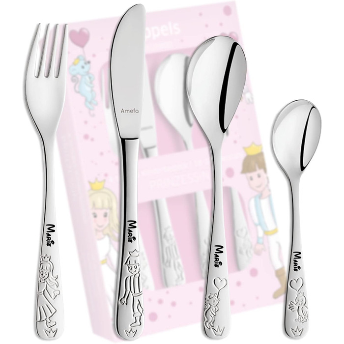 Дитячий набір столових приборів Kinderbesteck з гравіюванням імені/мотива принцеси, 4 шт. з нержавіючої сталі, гравіювання в стильних шрифтах