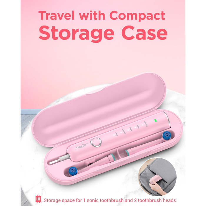 Електрична зубна щітка ротаційного типу для дорослих та дітей з 8 насадок, зарядний пристрій з підставкою на стіну, 5 режимів чищення та дорожній футляр, 60 днів роботи від акумулятора (рожевий)