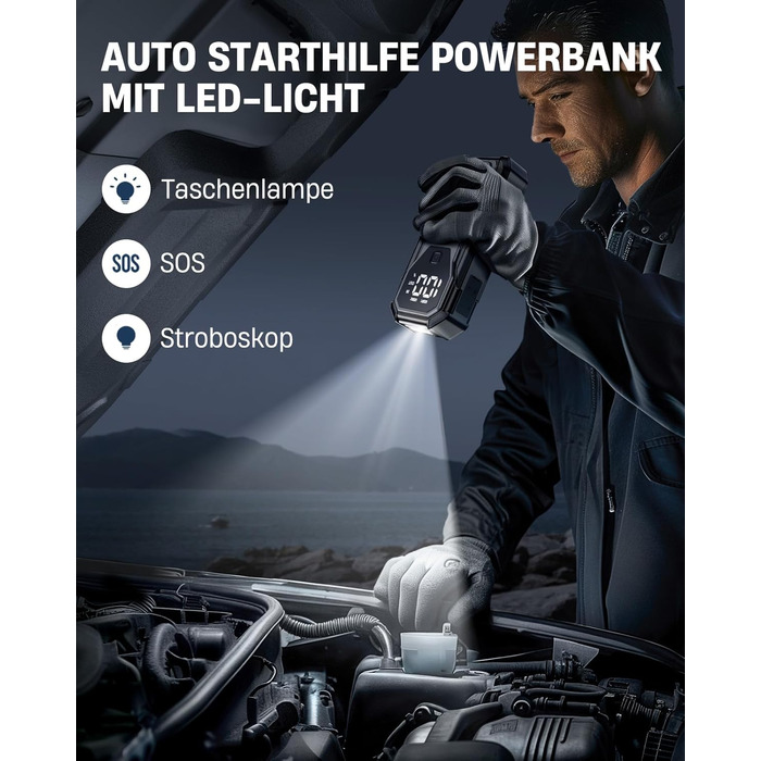 Портативний пусковий пристрій Powerbank для автомобіля, 8000A, 12V, для бензинових та дизельних двигунів, Jump Starter з LED, USB зарядка 3.0 BD40