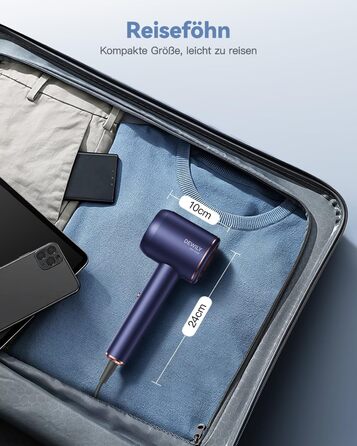 Іонний фен для волосся DEWILY 1800W з дифузором для кучерявого волосся, 3 температурні режими, 2 швидкості, компактний дорожній фен (блакитний)