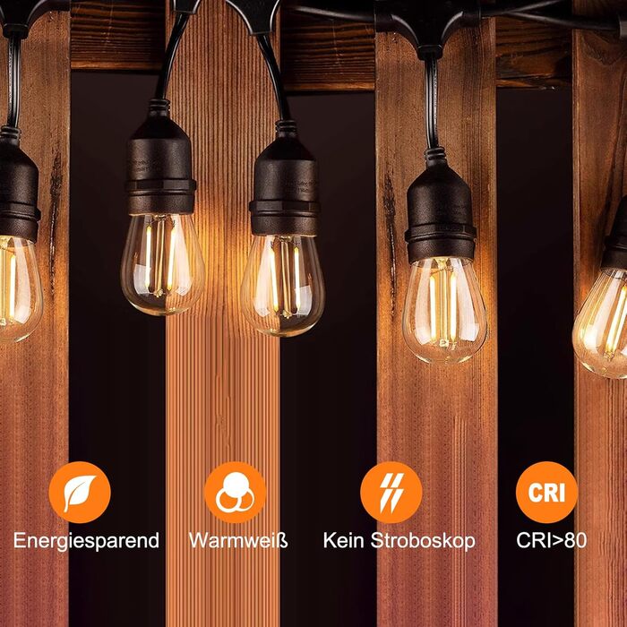 BRIMAX LED гірлянда для вулиці, 30 метрів, AC220-240V, IP44, 46+4 лампочки G40 E12 1W, 2200K тепле біле світло, розширювана, для кемпінгу, ярмарку, саду, вечірки