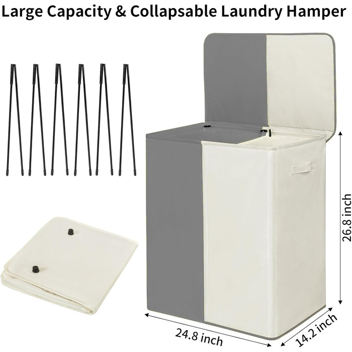 WOWLIVE Кошик для білизни з кришкою, великий, розкладний, 2 секції, з ручками (154л, Бежевий+сірий)