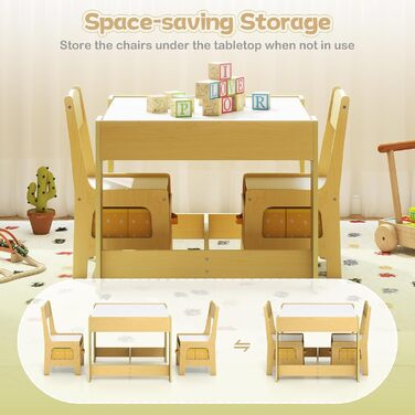 Дитячий меблевий набір GOPLUS 3в1: стіл та 2 стільці, дерев'яний, з місцем для зберігання, для дому, жовтий