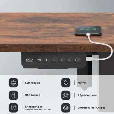 Ергономічний стіл для роботи стоячи з USB, регульований, 140x60 см, коричневий, для дому та офісу