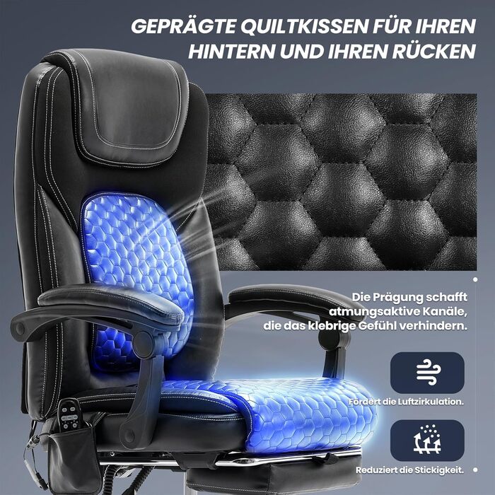 Крісло офісне шкіряне з масажем та підігрівом, регульоване, з підніжкою - для офісу та дому, чорне