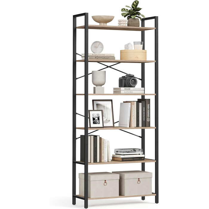 Стелаж VASAGLE з 6 полицями, сталевий каркас, для вітальні, спальні, кабінету, 30 x 80 x 186 см, індустріальний дизайн, вінтажний колір (коричневий + чорний)