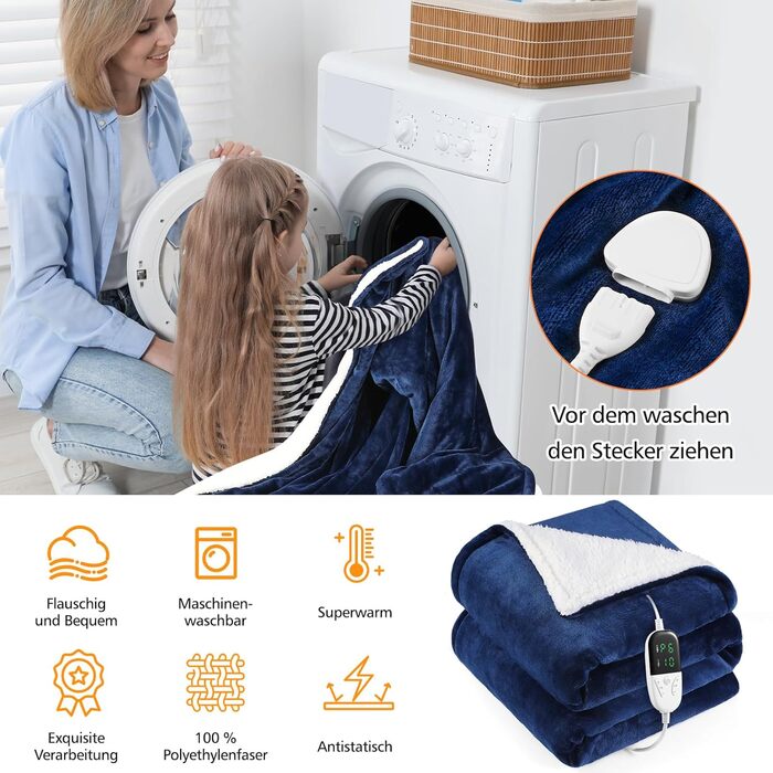 Електрична ковдра з таймером та пультом керування, 133x155 см, 6 режимів нагріву, машинне прання, сіра (155*180 см блакитна)