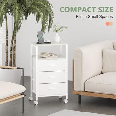 Нічний столик з 3 шухлядами, зарядний станція, 2 розетки AC та 2 USB, з роликами, білий