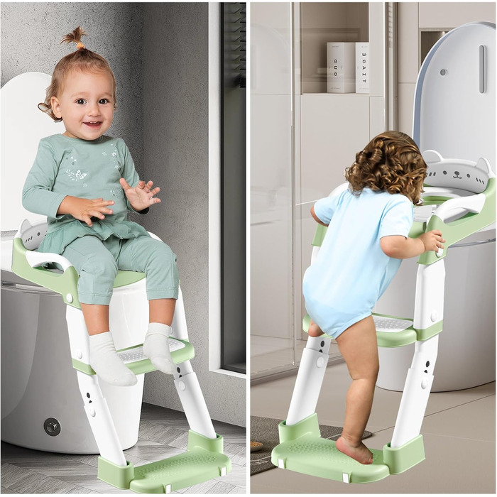 Дитячий унітаз-сходи 3-в-1 з ручками, регульована висота, зелений. Тренажер для привчання до туалету, складаний сидіння.