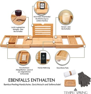 Підставка для ванни Temple Spring з дерева, бамбукова, для аксесуарів у ванну, піднос для ванни, меблі для ванної кімнати - Шкіряний ефект (натуральне дерево)
