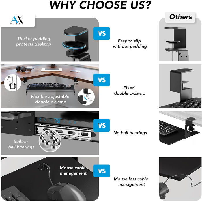 Висувна підставка для клавіатури під стіл з К-кріпленням, великого формату, стійка, ковзна платформа 838 мм x 280 мм, висувна платформа для комп'ютера (Чорний)