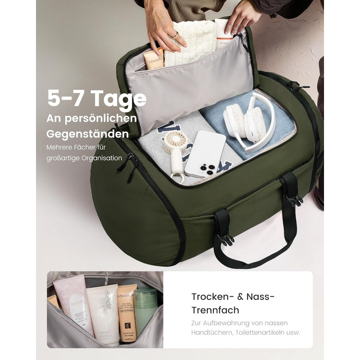 Спортивна сумка LOVEVOOK для чоловіків з відділенням для взуття, 65L, 52x45x28 см, Duffel Bag, для подорожей та спортзалу (темно-зелена)