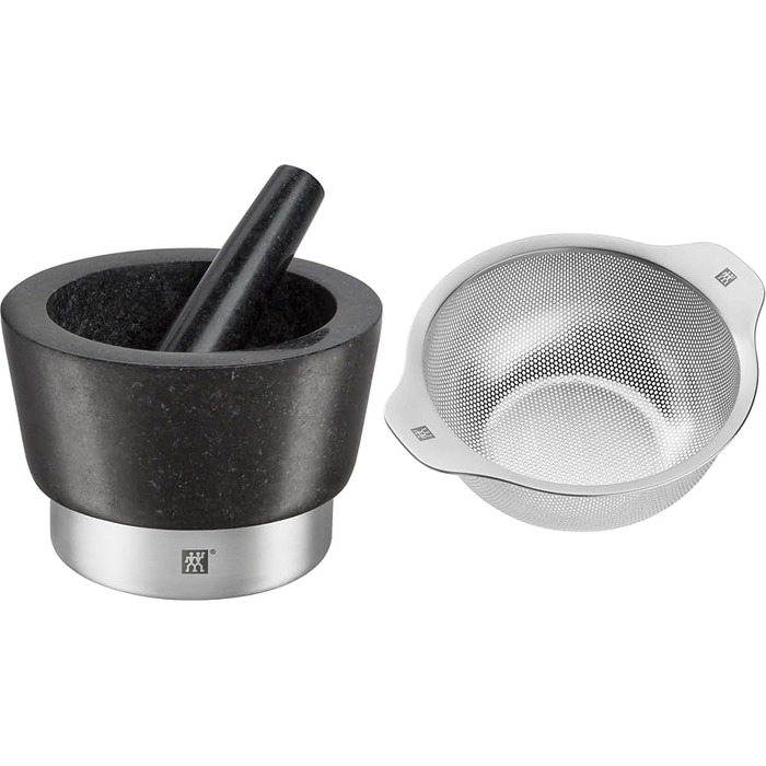 Набір Zwilling Spices: ступка з товкачиком (граніт, 11 см) та сито (нержавіюча сталь, 16 см)
