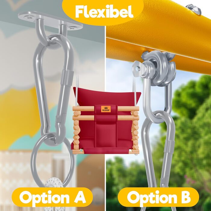 Дитячий гойдалка-колиска KIDIZ® для немовлят (від 6 міс.) та малюків до 3+ років, дерев'яна, з регулюванням висоти та м'якою подушкою, для дому та вулиці, бордовий колір