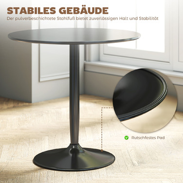 Обідній стіл на 2 особи, круглий стіл діаметром 80 см, МДФ та сталь, з неслизьким покриттям, чорний колір, висота 75 см