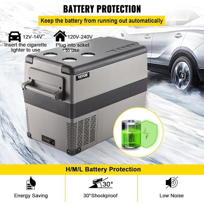 Автохолодильник VEVOR 35/45л нержавіюча сталь 12/24V, 220V: портативний компресорний кулер для авто, вантажівок, кемпінгу (-20°C до +20°C)