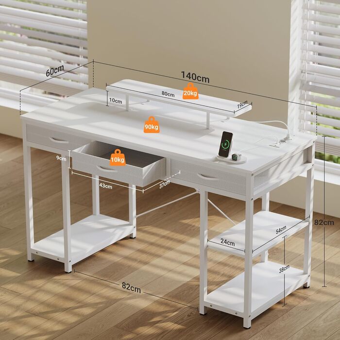 Комп'ютерний стіл Claiks з 3 висувними ящиками, полицею, 2 розетками та 2 USB-портами для зарядки, білий (140 x 60 см)