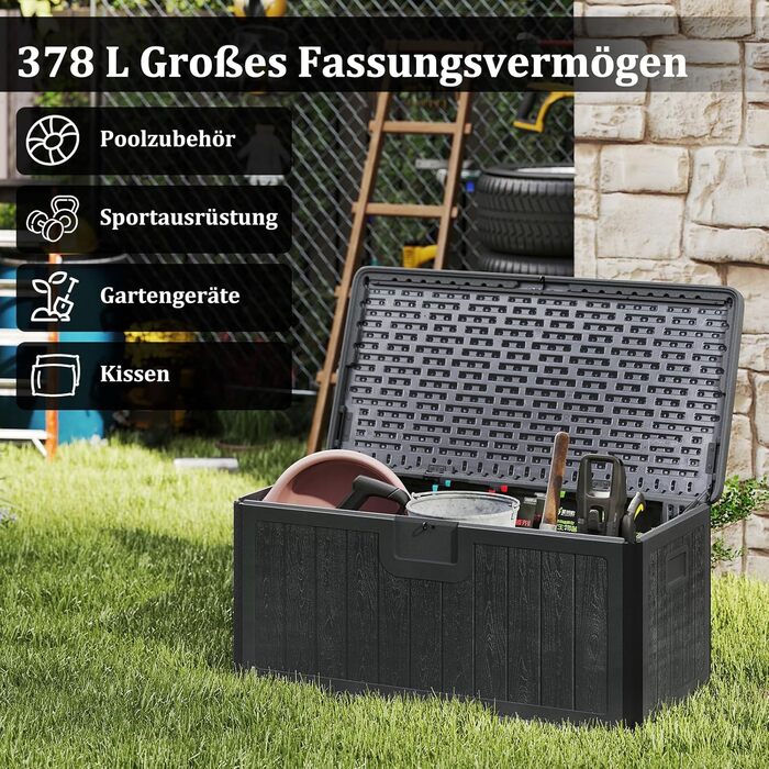 Ящик для зберігання садовий COSTWAY 378 л, водонепроникний, з кришкою на замок, для подушок та інструментів, сірий