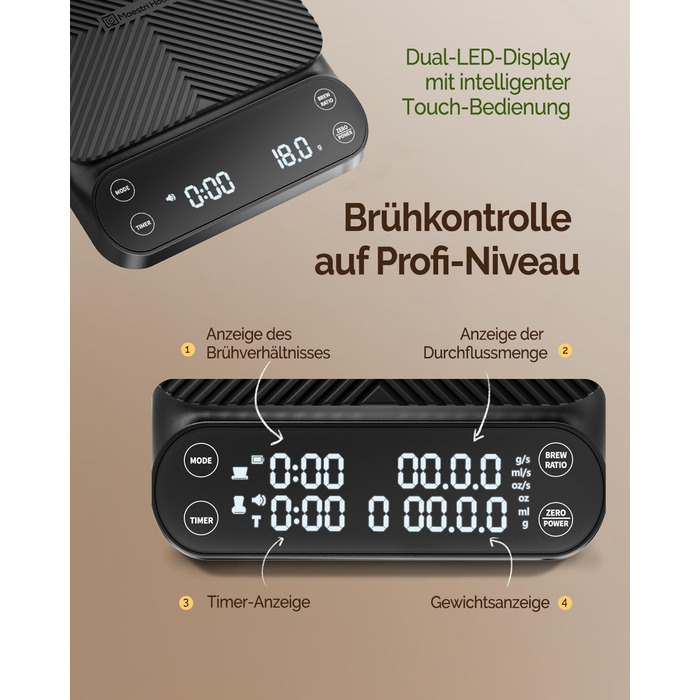 Ваги для кави Maestri House S3 з таймером, 3 кг/0,1 г, перезаряджувані, цифрові, для еспресо, з 3 режимами заварювання, регульованими співвідношеннями та індикатором потоку, для Pour Over, French Press – чорні