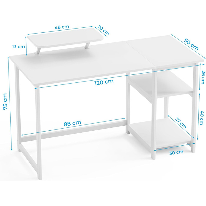 Білий письмовий стіл GreenForest з місцем для зберігання, 100 см, комп'ютерний стіл з підставкою для монітора, для дому та офісу, колір - чистий білий (120x50 см)