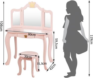 Туалетний столик DREAMADE дитячий з табуреткою, ящиком і дзеркалом, дерев'яний туалетний столик (рожевий)
