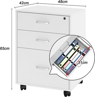Шафа для документів SDHYL з 3 висувними ящиками на колесах, верхній ящик з замком, великий об'єм, для дому та офісу (Біланко)