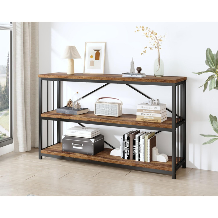 Низька полиця для книг IBF з 3 ярусами, індустріальний стиль, метал та дерево, 120x34x74 см, коричневий