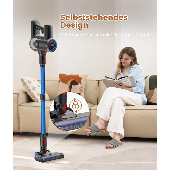 Версліф: Бездротовий акумуляторний пилосос 500W, 45 хв роботи, 40kPa, LED-дисплей, для дому та авто, синій