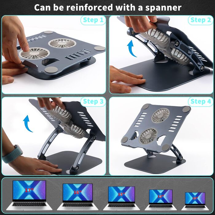 Підставка для ноутбука з RGB вентилятором, регульована висота, алюмінієвий сплав, 10-17'', сіра