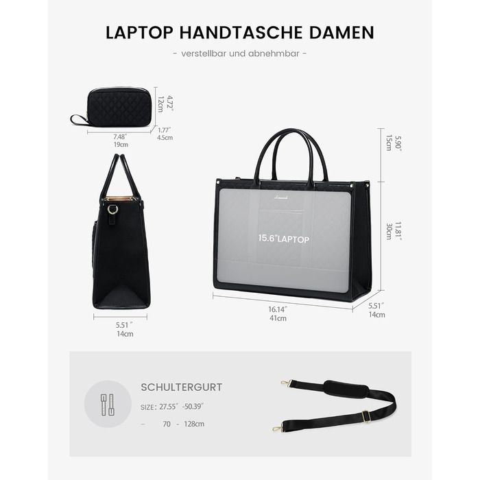 LOVEVOOK Сумка для ноутбука 15.6 дюймів, водонепроникна, для жінок, чорна, велика, ділова, шкіряна, для роботи, навчання, офісу, універсітету