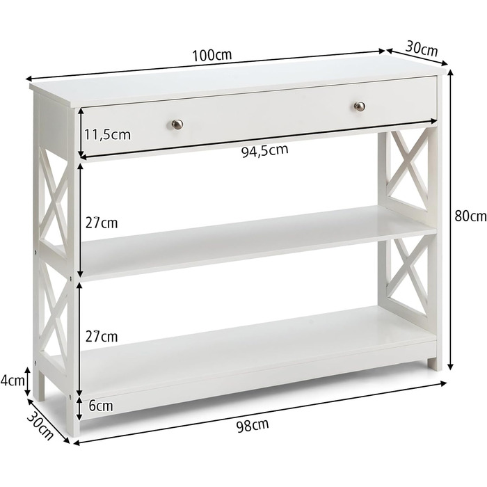 Консольний столик COSTWAY з шухлядою, 3 ящики, білий, 100x30x80 см