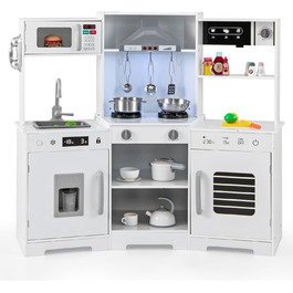 Дерев'яна дитяча кухня Dreamade з аксесуарами, кухонний куточок для дітей з плитою, раковиною, мікрохвильовою піччю, кавоваркою, духовкою, світлом та звуком (білий)