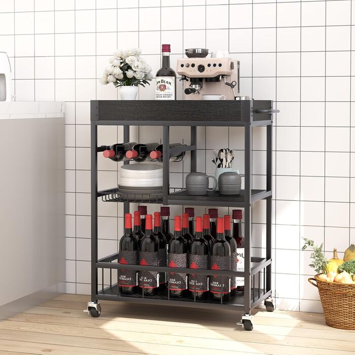 Сервізний візок Huhote з полицею для вина, барний візок, візок для напоїв, візок на колесах, візок для вина в їдальню, кухню, вітальню, бар, вечірку, з імітацією дерева (чорний, металевий кошик)