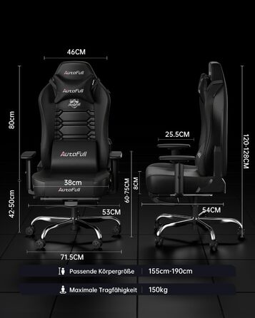 Ігровий крісло AutoFull C3: ергономічне, з 2D підлокітниками, підставкою для ніг, подушками для голови та попереку | Макс. вага 150 кг | Чорний зразок тканини